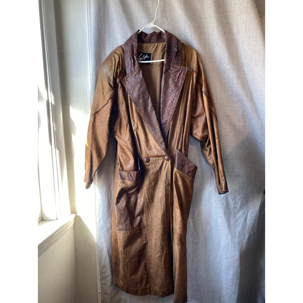 Vintage Winnit Genuine Leather Trench Coat with Faux Snakeskin Accents 80s Style